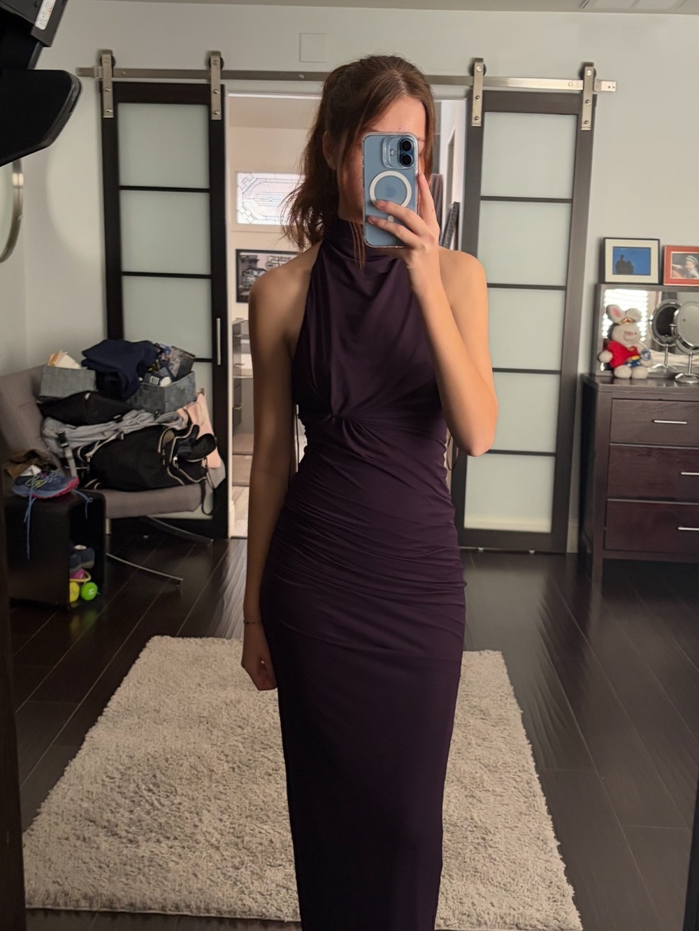 Windsor Sleeveless Halter Ruched Maxi Dress in Deep Plum